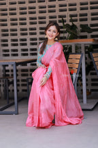 Baby pink mul chanderi saree with floral blouse