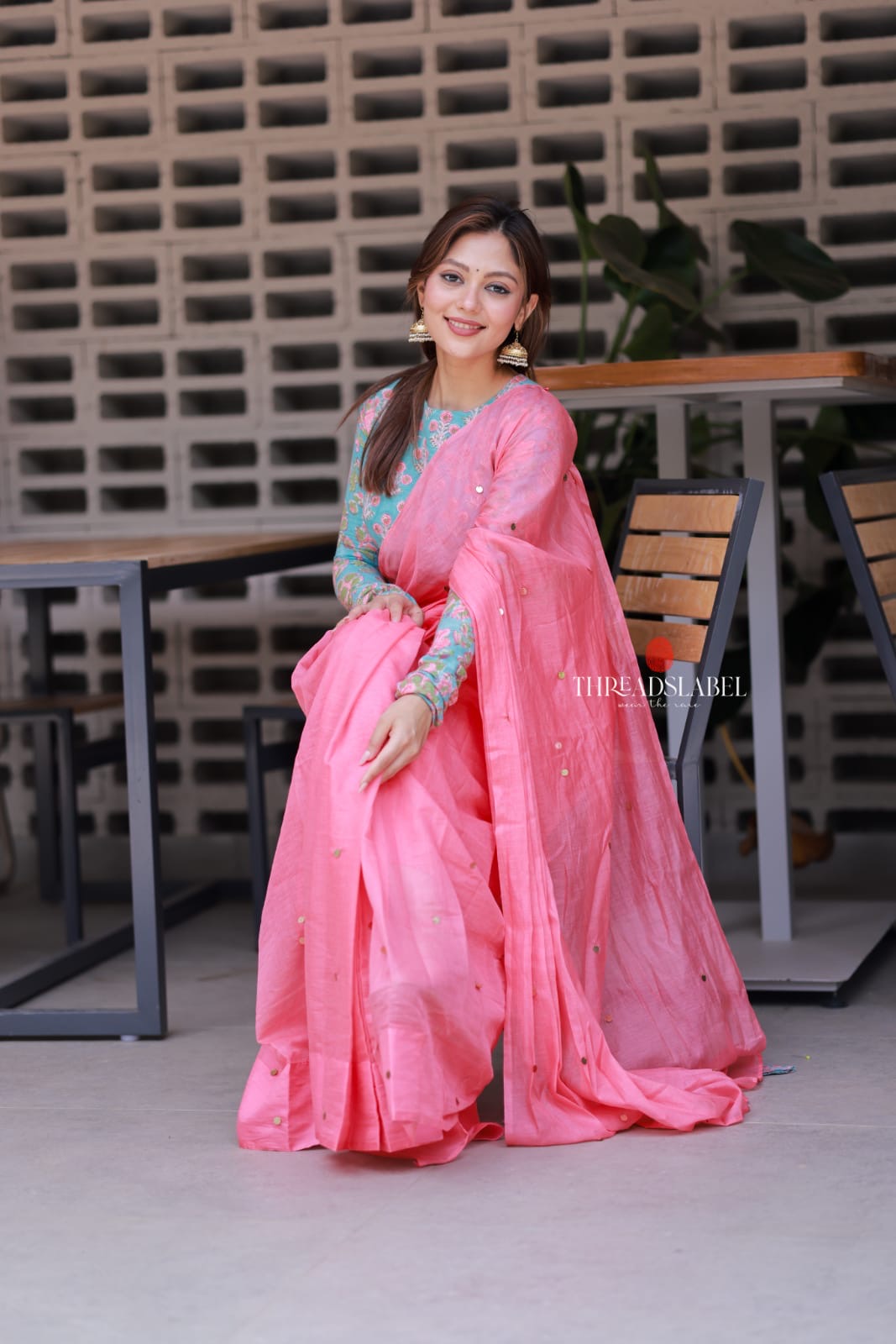 Baby pink mul chanderi saree with floral blouse