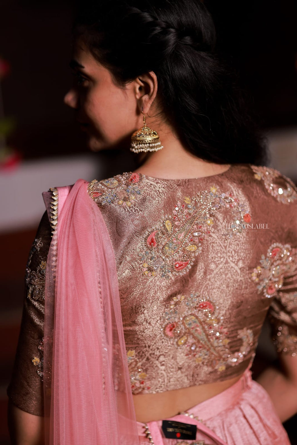 Pink marble silk lehenga with handwork blouse