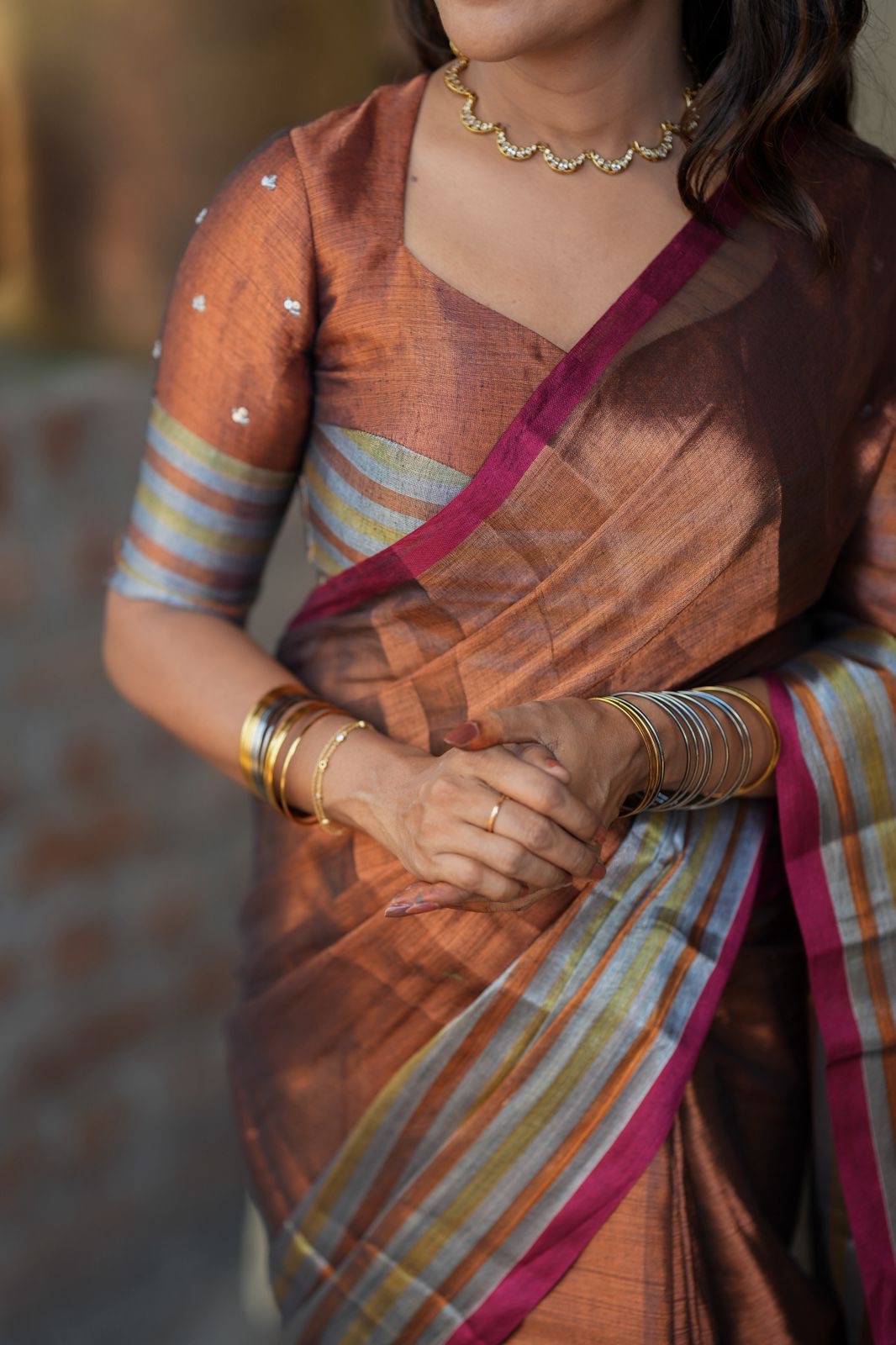 Copper soft tissue saree with handwork blouse