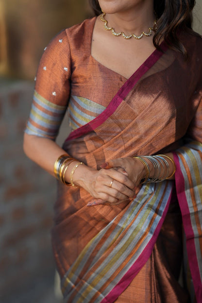 Copper soft tissue saree with handwork blouse