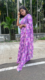 Purple floral georgette saree with hand worked blouse