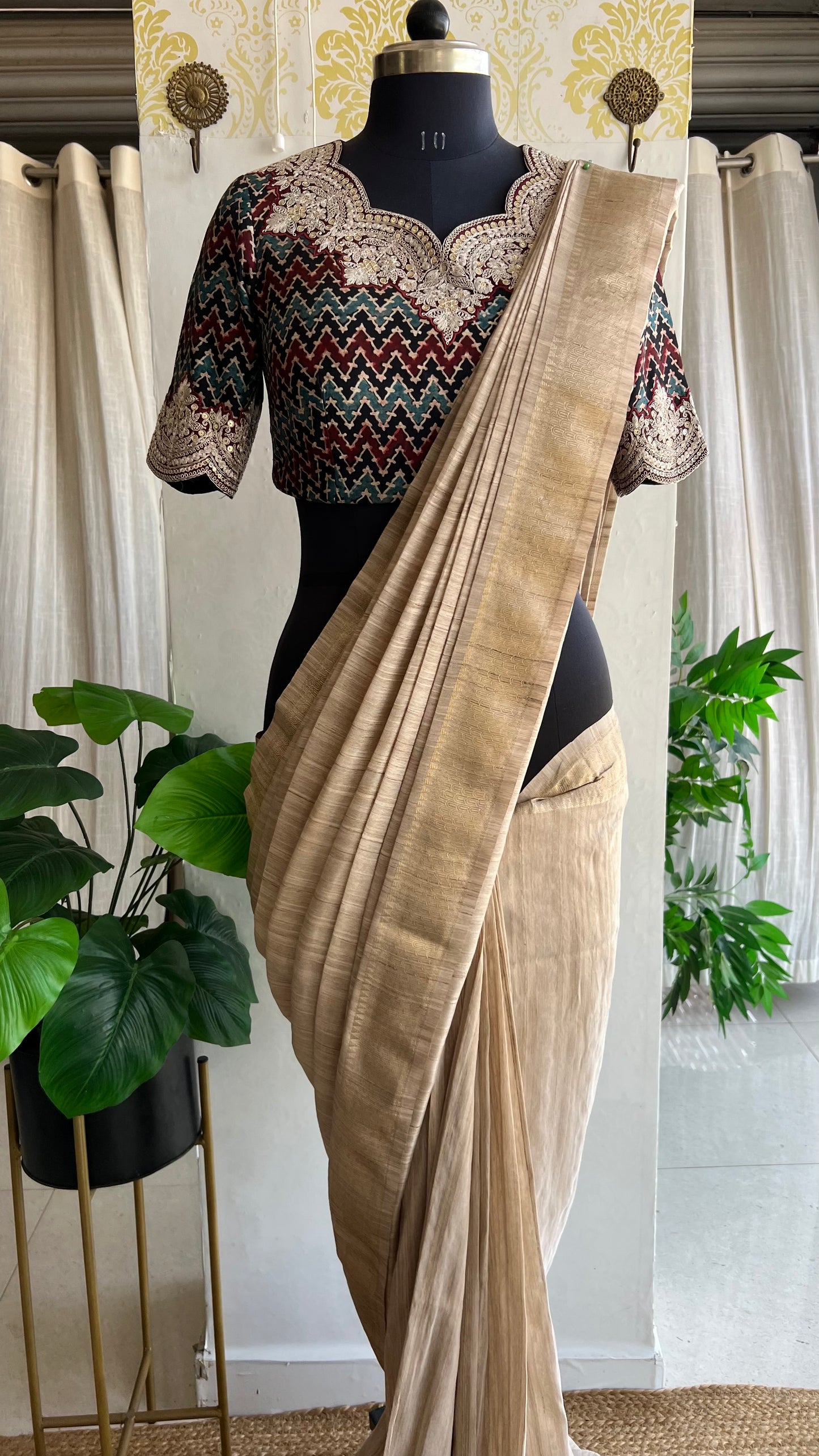 Golden cream tissue saree with ajrak embroidery blouse