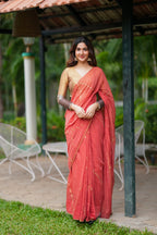 Orange rust saree with tissue handwork blouse
