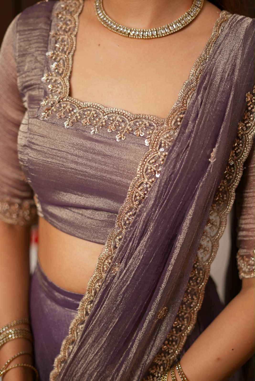 Lavender tissue handmade lehenga with blouse