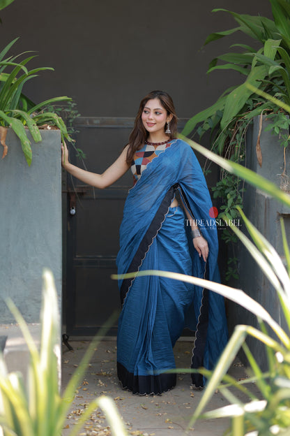 Blue mul chanderi saree with mirror work blouse