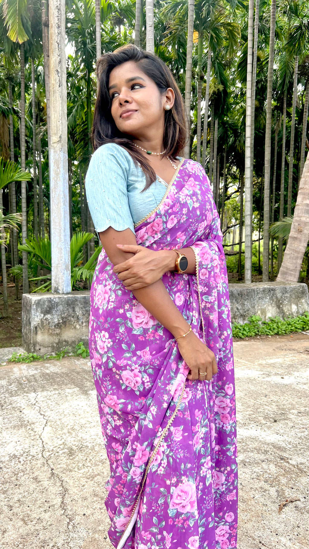 Purple floral georgette saree with hand worked blouse