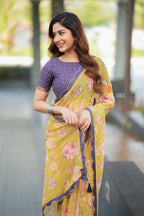 Mehandi green georgette saree with hand work blouse