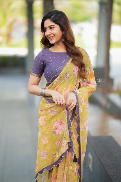 Mehandi green georgette saree with hand work blouse