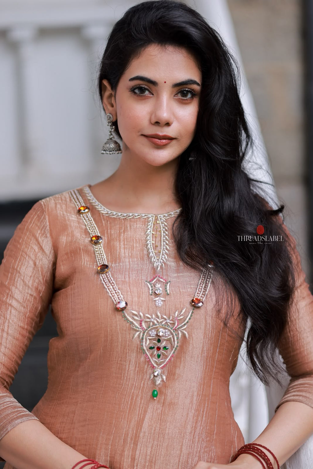 Peach tissue JEWEL NECK kurti
