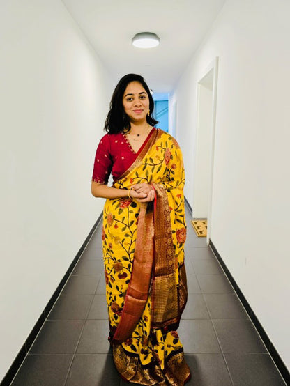 White silk printed saree with hand worked blouse