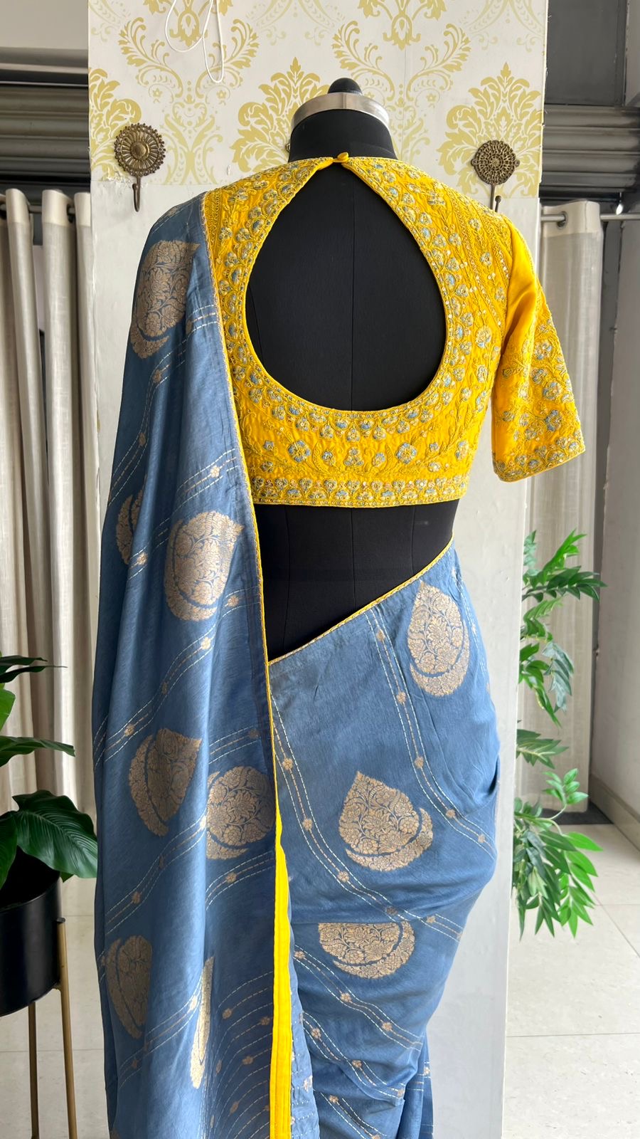 Blue banarasi silk saree with yellow embroidery blouse