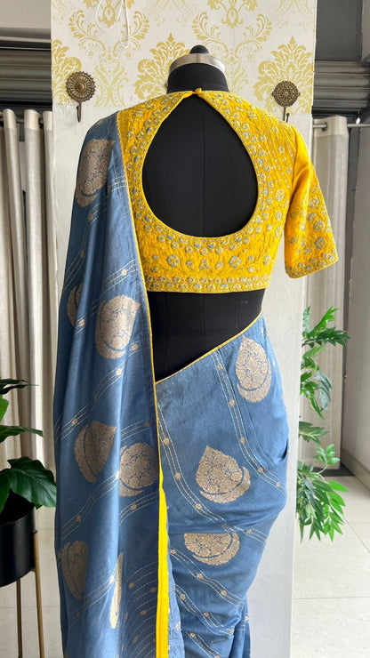 Blue banarasi silk saree with yellow embroidery blouse