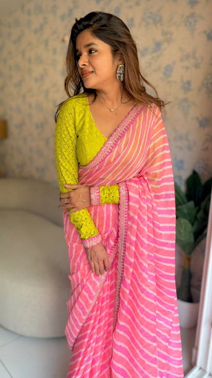 Pink lehariya saree with green hakoba embroidery blouse