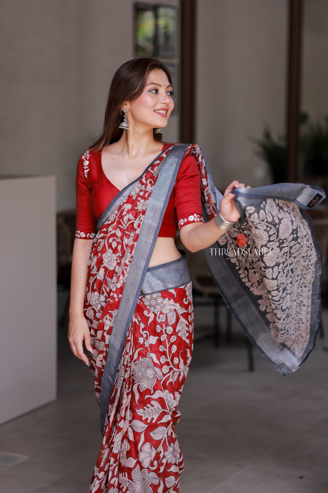 Reddish maroon linen cotton kalamkari saree with embroidery blouse