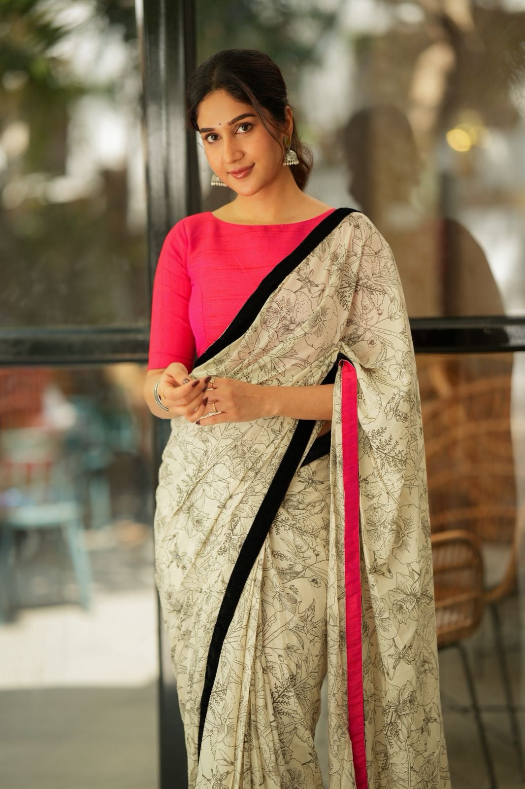 Half white mul cotton kalamkari saree with handwork blouse