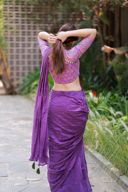 Purple mul chanderi saree with mirror work blouse