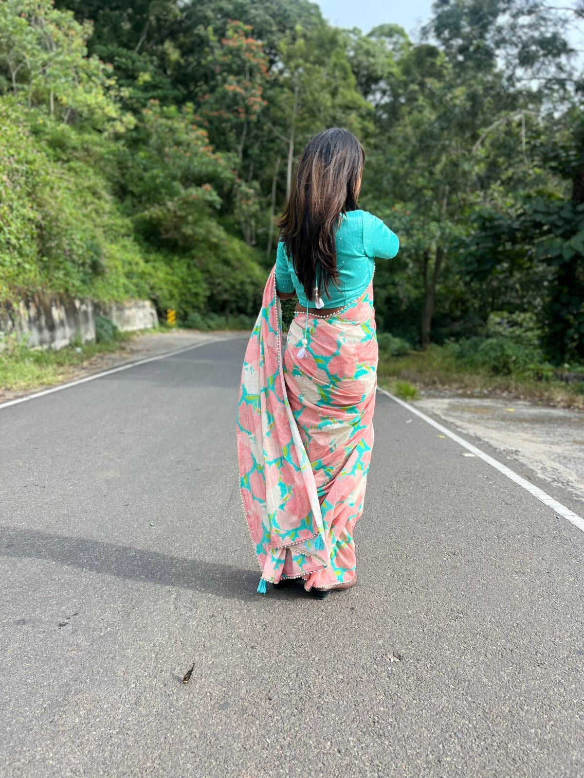 Cyan blue & Pink floral cotton saree with hand work blouse