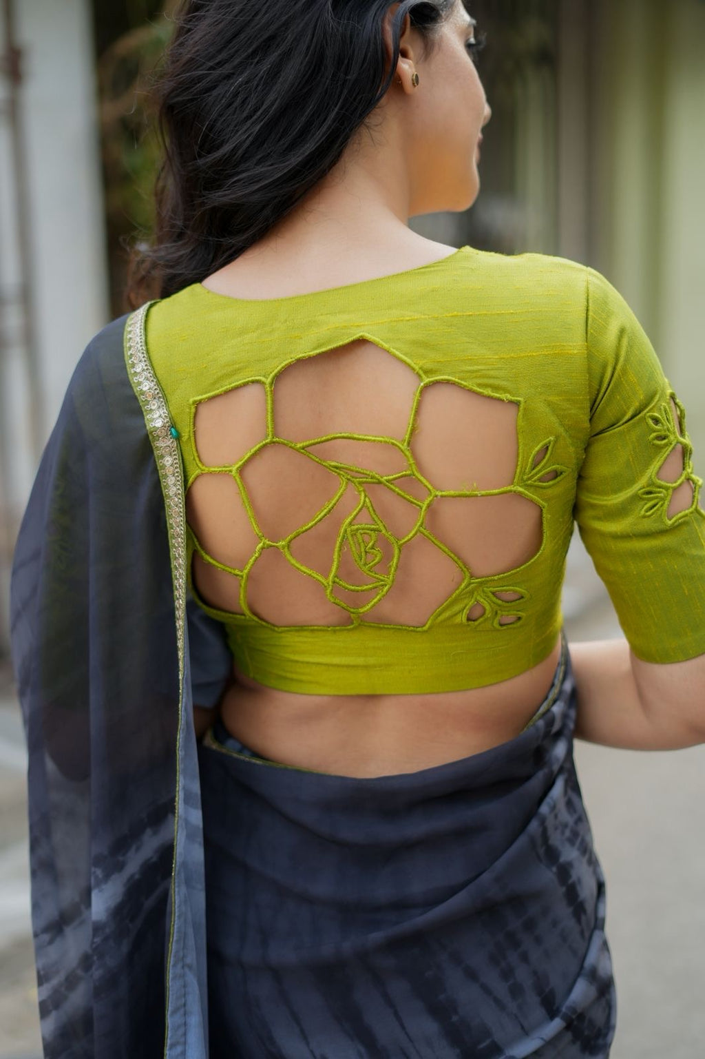 Blue grey georgette saree with silk hand work blouse