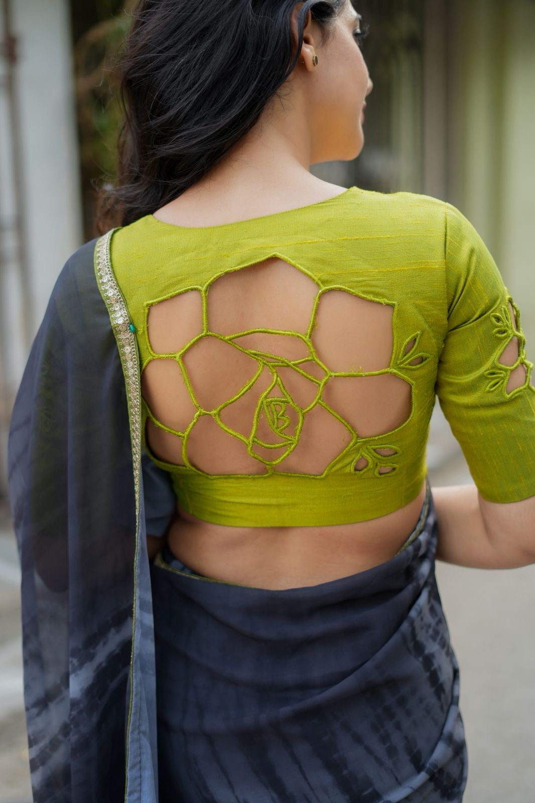 Blue grey georgette saree with silk hand work blouse