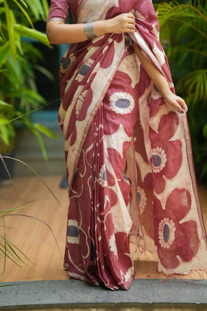 Brown linen floral saree with hand work blouse