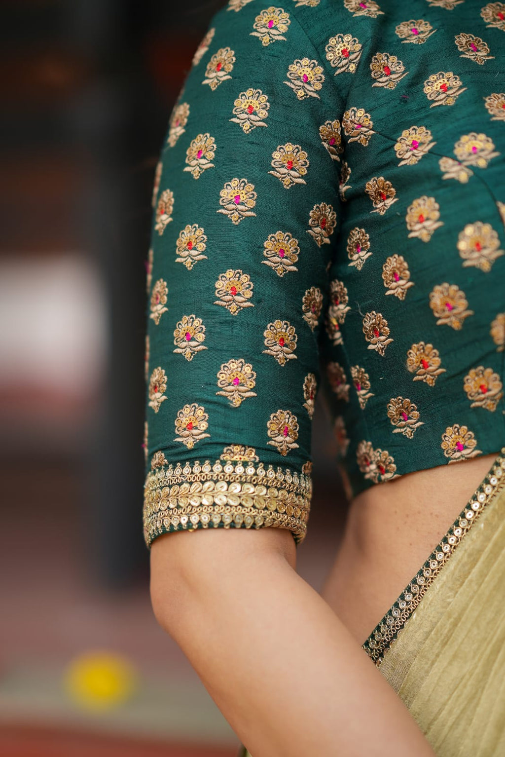 Gold tissue saree with green hand work blouse