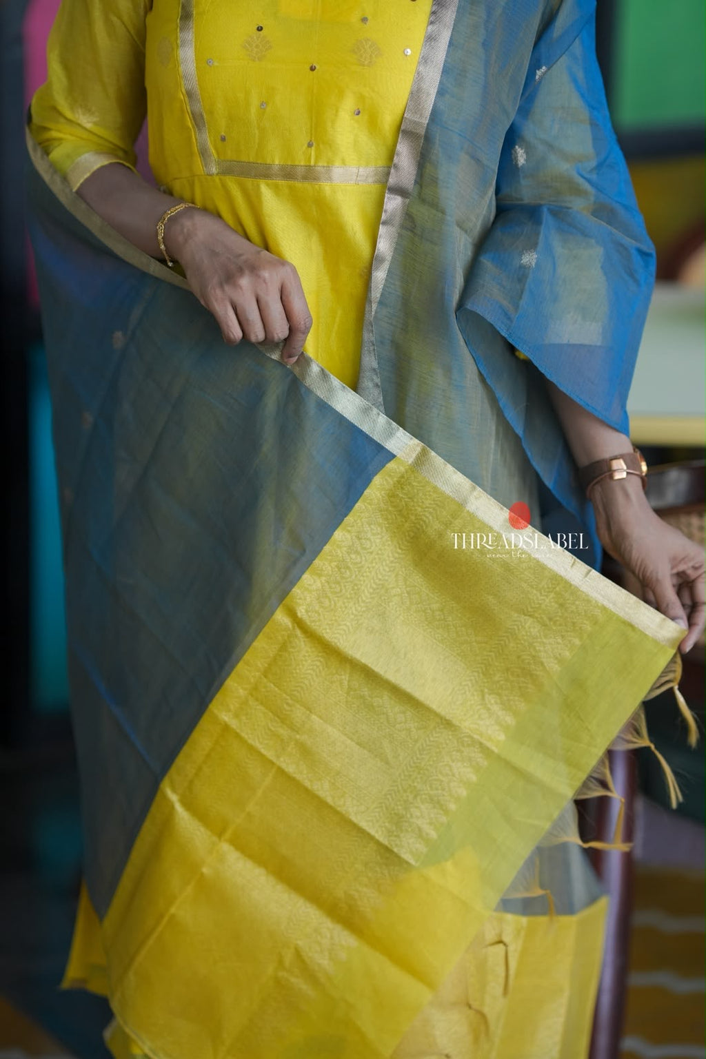 Yellow & blue chanderi 3 piece kurti