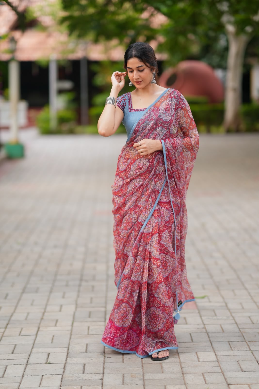 Maroon cotton kota saree with hand work blouse