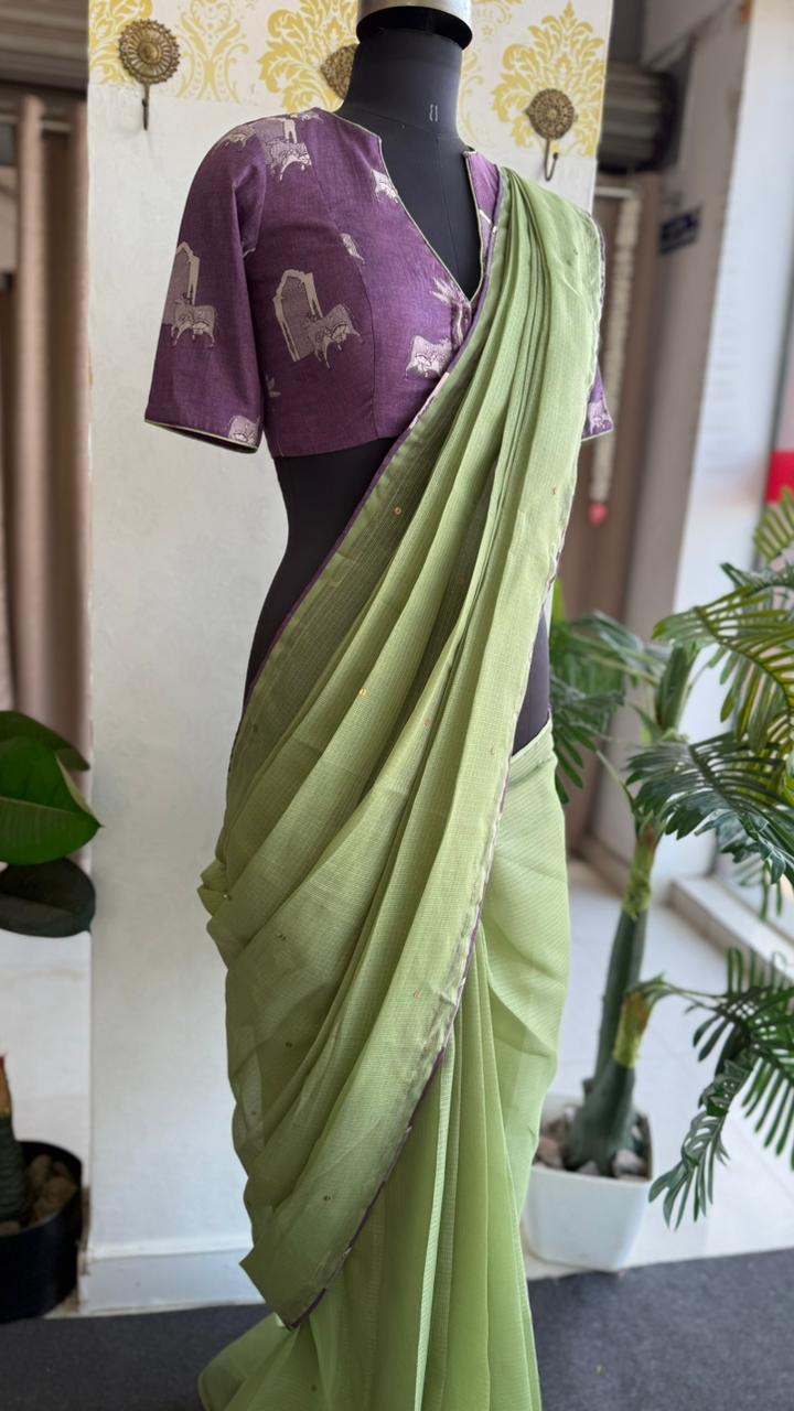 Parrot kota saree with lavender cotton blouse