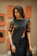 Black chanderi cotton floral print blouse (only blouse)