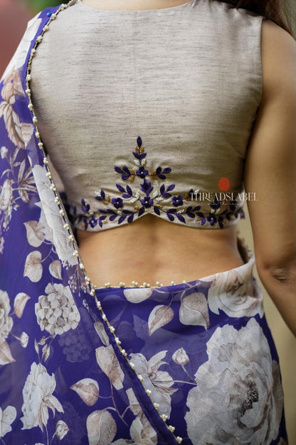 Purple chiffon floral saree with hand work blouse