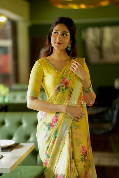 Yellow linen cotton saree with hand work blouse