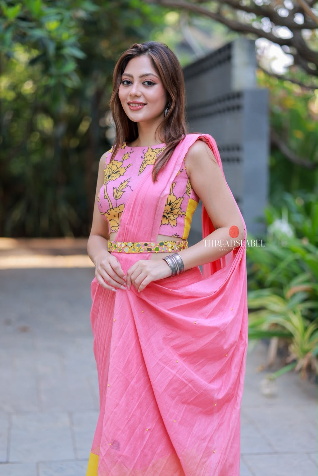 Pink mul chanderi saree with handwork blouse
