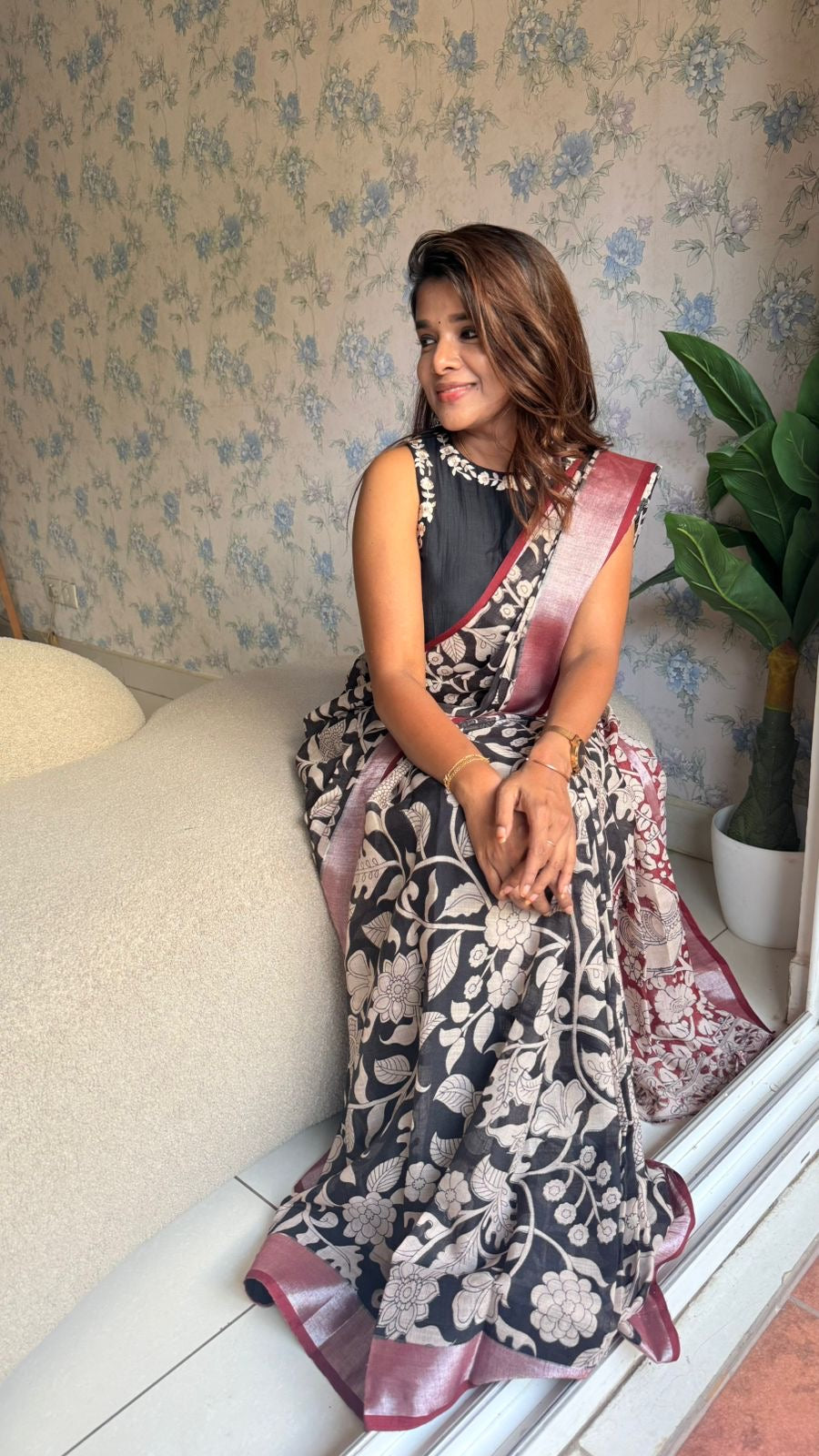 Black linen cotton kalamkari saree with embroidery blouse