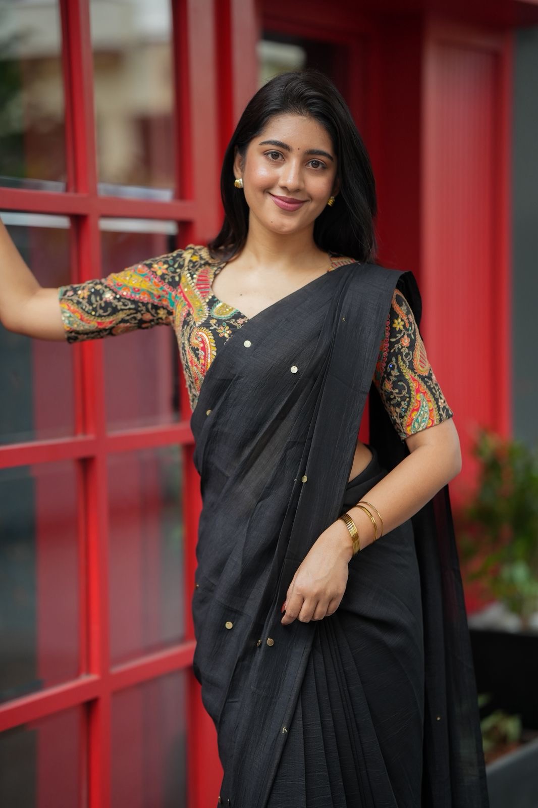Black malai chanderi saree with heavy embroidery blouse