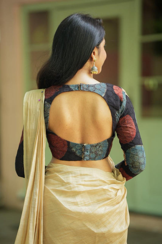 Cream malai chanderi saree with Ajrak handblock print blouse