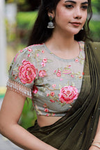Bottle green Marble Saree with Handwork Blouse