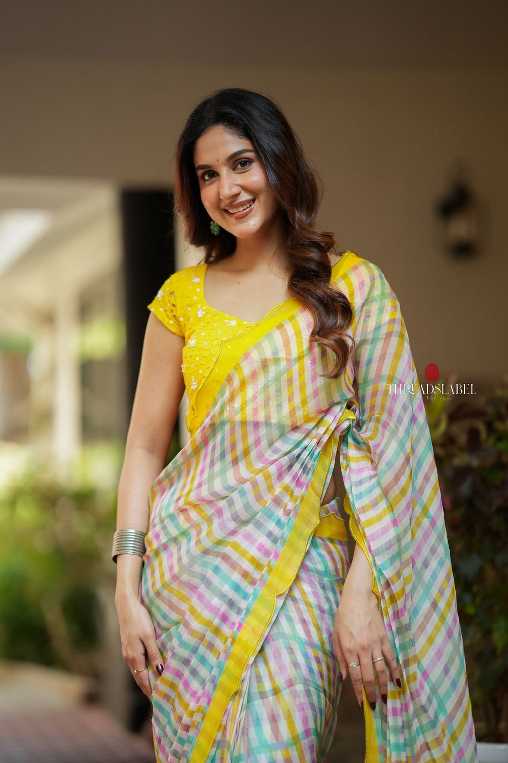 Multi viscose jute saree with hand work blouse