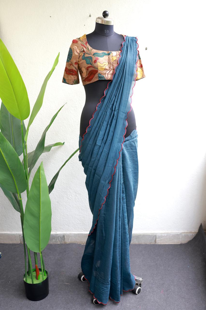 Blue malai cotton saree with kalamkari handwork blouse