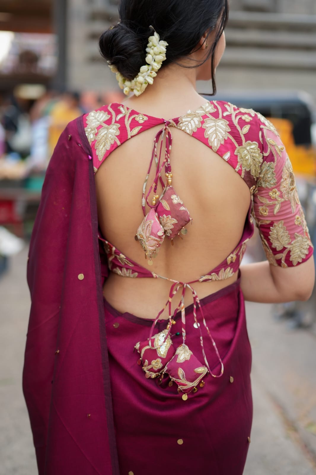 Maroon marble silk saree with embroidery blouse
