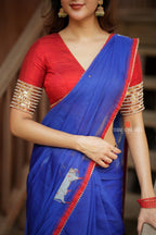 Blue organza cow with red hand work blouse