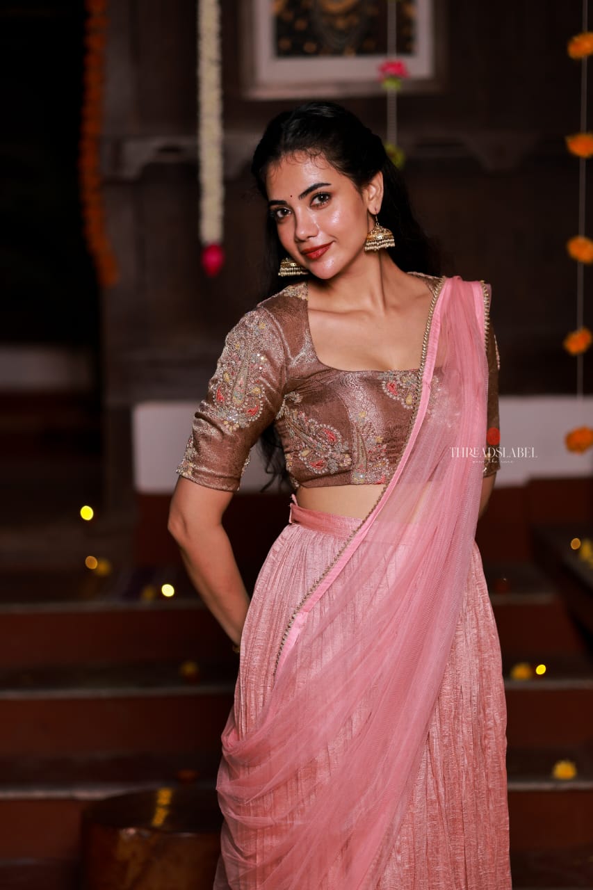 Pink marble silk lehenga with handwork blouse