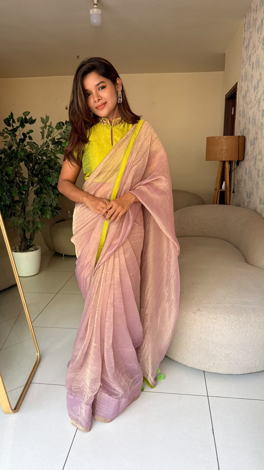 Purple pink tissue saree with hand work blouse