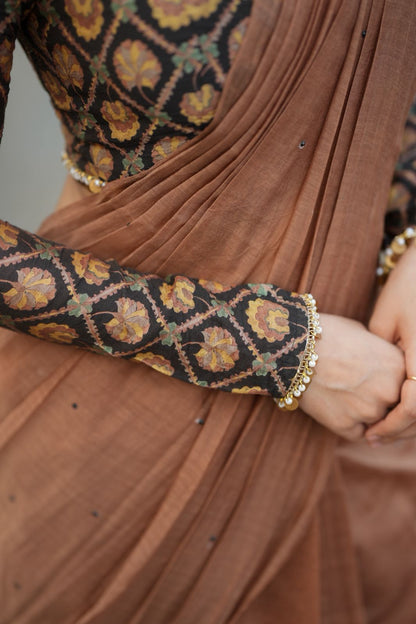 Brown malai chanderi saree with Ajrak print blouse