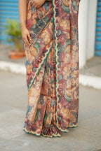 Brown kota kalamkari saree with embroidery blouse