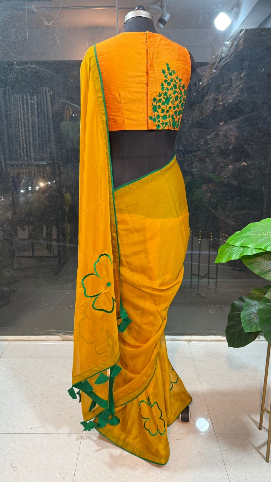 Mustard yellow soft organza saree with embroidery blouse