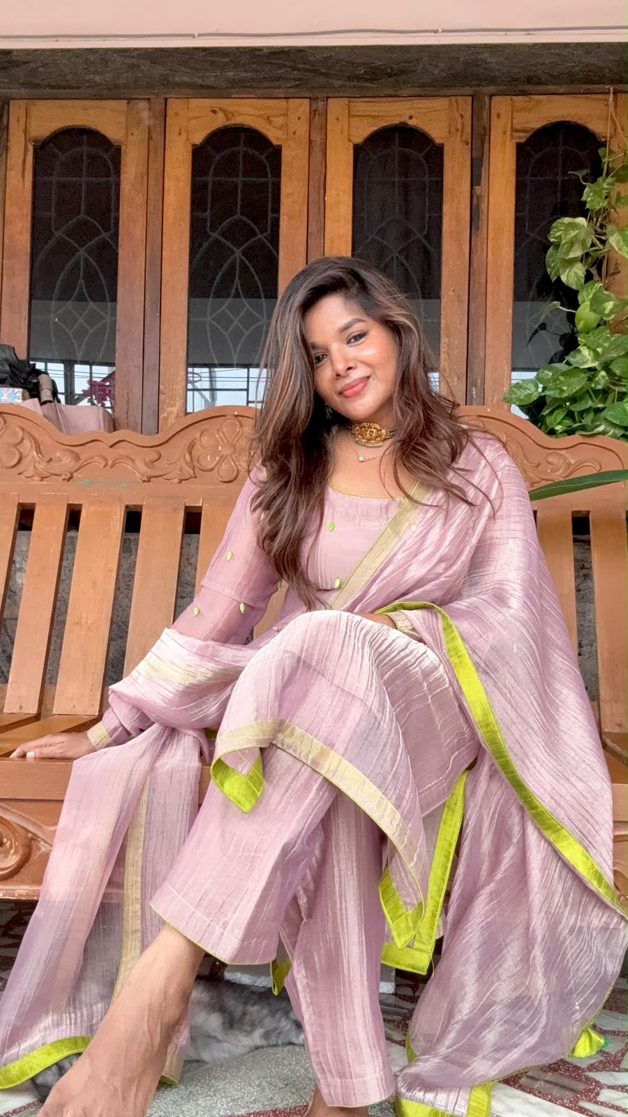 Pink tissue embroidery salwar