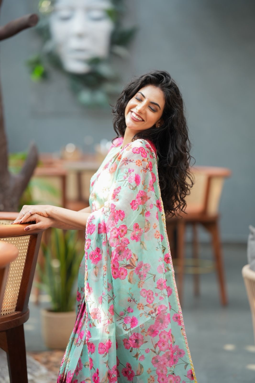 Pista floral organza saree with hand work blouse