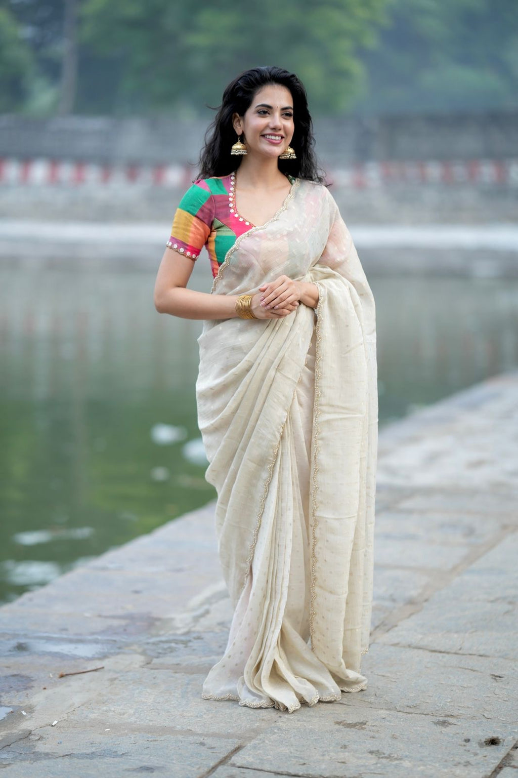 Beige georgette tissue saree with multi hand work blouse