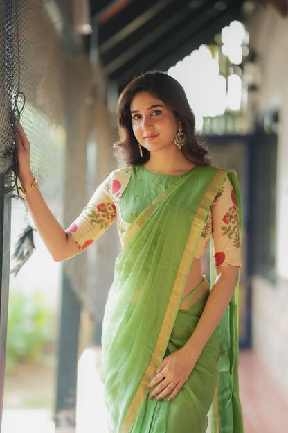 Cream cotton print hand work blouse(only blouse)